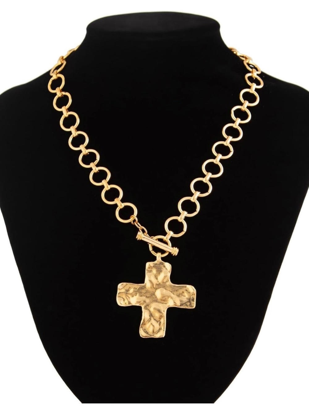 Gold Tone Hammered Cross Necklace – Chunky Link Chain – Toggle Closure
